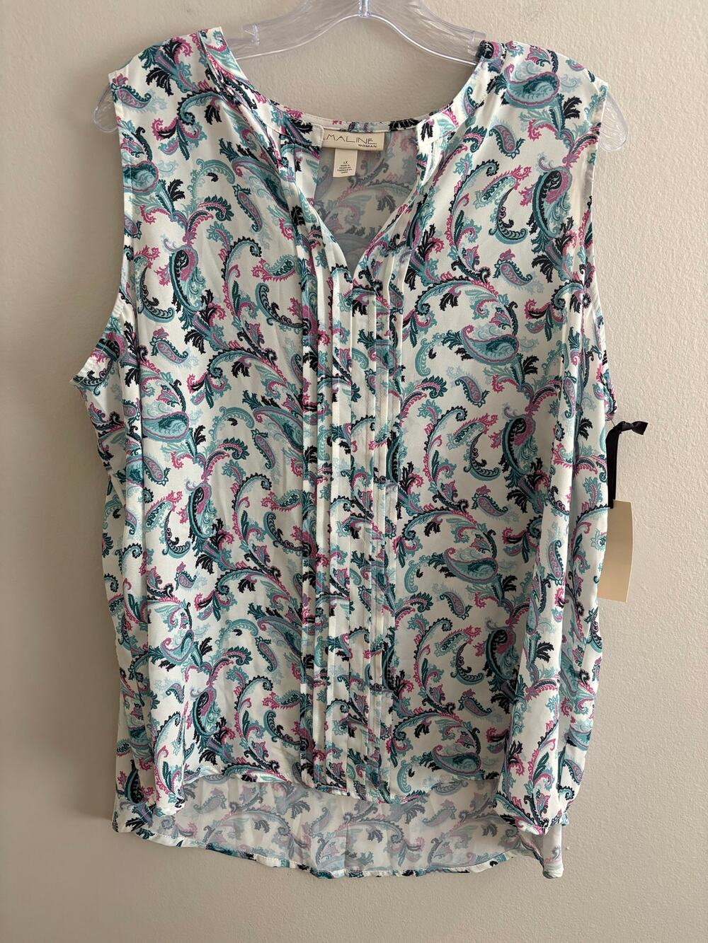 Emaline Woman Paisley Pleated Blouse Sleeveless Top Teal Pink Plus Size 1X NWT